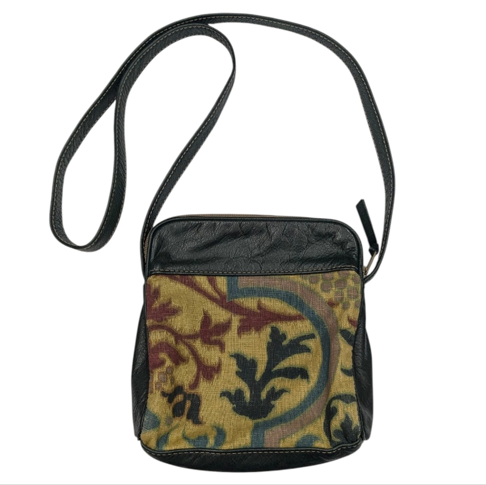 Vintage Elizabeth Z Mow green leather & muted tapestry crossbody bag